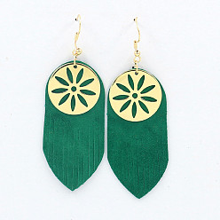 Зеленый Богемные серьги-подвески из сплава и овечьей шкуры с кисточками, плоские круглые с цветочным узором, золотые, зелёные, 82 мм