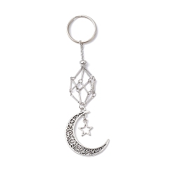 Antique Silver & Platinum Brass Macrame Pouch Empty Stone Holder Pendant Keychains, with Iron Split Key Rings and Alloy Pendant, Moon, Antique Silver & Platinum, 12.8cm