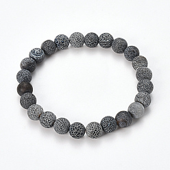 Gray Natural Weathered Agate Beaded Stretch Bracelets, Frosted, Dyed, Round, Gray, 2-1/8 inch(55mm)