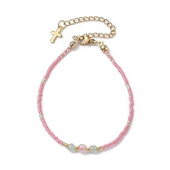 Glass Natural Rose Quartz & Green Aventurine & Glass Seed Beaded Bracelets, 7-3/8 inch(18.7cm)