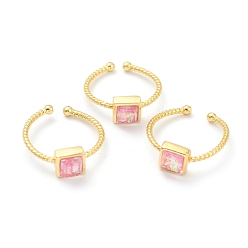 Pink Синтетические кольца из опалового кольца, открытые кольца, с латунной фурнитурой , квадратный, реальный 18 k позолоченный, розовые, размер США 5, внутренний диаметр: 16 мм