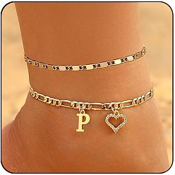 Letter P Двухслойные браслеты для щиколотки с латунными кристаллами и стразами в форме сердца, золотые, Письмо P, 7-7/8 дюйм (200 мм), 2 шт / комплект
