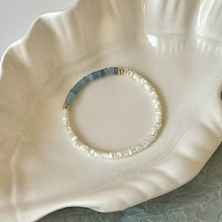 Белый Браслеты из натуральных ракушек для женщин, колонка, с аквамарином, белые, 6-7/8 дюйм (17.5 см)