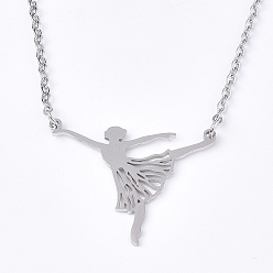 Stainless Steel Color Non-Tarnish 201 Stainless Steel Pendant Necklaces, with Cable Chains, Ballerina, Stainless Steel Color, 16.9 inch(43cm), 2mm, Ballerina: 23.5x30x1mm
