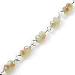 Dark Khaki Handmade Electroplate Glass Beaded Chains, Unwelded, with Iron Eye Pin, Rondelle, Dark Khaki, 13x4~4.5mm, 1m/strand, 39.37 inch