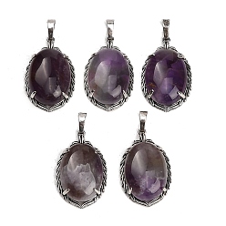 Amethyst Natürlichen Amethyst Edelsteinanhänger, Ovale Anhänger aus Messing, Antik Silber Farbe, 33.5~34x21x10 mm, Bohrung: 8x5 mm