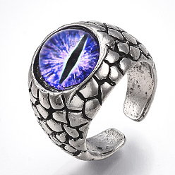 Blue Violet Alloy Glass Cuff Finger Rings, Wide Band Rings, Dragon Eye, Antique Silver, Blue Violet, Size 9, 19mm