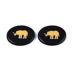 Обсидиан Природные обсидиановые кабошоны, овальный с выгравированным золотым узором в виде слона, 44~45.5x34~36x6~7.5 мм