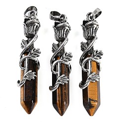 Тигровый глаз Натуральный тигровый глаз ограненные двухконечные заостренные большие подвески, Подвески в виде шестиугольной призмы с розой в оболочке из сплава, античное серебро, 51~53x14x10.5 мм, отверстие : 4.5 мм