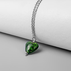 Dark Green Handmade Lampwork Heart Pendant 201 Stainless Steel Cable Chain Necklaces for Women, Stainless Steel Color, Dark Green, 15.75 inch(40cm)