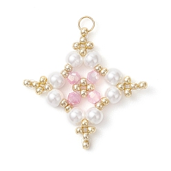 Розовый Подвески-звезды из стеклянного бисера, со стеклянными жемчужными бусинами и 304 соединительными кольцами из нержавеющей стали, реальный 18 k позолоченный, туманная роза, 30x28x4 мм, отверстие : 2.8 мм