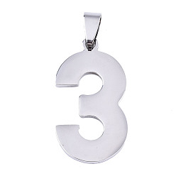 Number Non-Tarnish 201 Stainless Steel Pendants, Laser Cut, Number, Stainless Steel Color, Num.3, 34.5x18x1.5mm, Hole: 4.5x5mm
