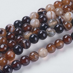 Saddle Brown Round Dyed Natural Striped Agate/Banded Agate Beads Strands, Saddle Brown, 6mm, Hole: 1mm, about 62pcs/strand, 14.8 inch