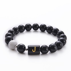 Letter J Bracelets extensibles en perles d'onyx noir naturel (teint et chauffé) et d'howlite (mm), bracelets alphabet, lettre j, 10 pouces (6.60 cm) ~16.76 pouces (8.50 cm)