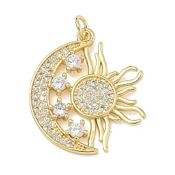 Настоящее золото 18K Латунные микропаве прозрачные подвески с фианитом, солнце с лунными чарами, без свинца и без кадмия, стойки покрытие, долговечный, реальный 18 k позолоченный, 26x22x2.7 мм, Перейти кольцо: 5x0.9 мм, 3.2 мм внутренним диаметром