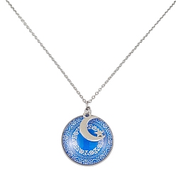 Moon Steel Blue Glass Flat Round & Alloy Pendant Necklace, with 304 Stainless Steel Chains, Moon, 18.35 inch(46.6cm)