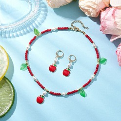 Красный Комплект из ожерелий и серег из синтетической бирюзы для женщин, комплекты ювелирных украшений из сплава и эмали с подвесками в виде яблок, красные, 39.5x11.5 мм