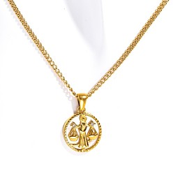 Весы Ионное покрытие (ip) нержавеющая сталь pave shell плоская круглая подвеска созвездие ожерелья скрученная цепь, реальный 18 k позолоченный, Весы, 15.75 дюйм (40 см)