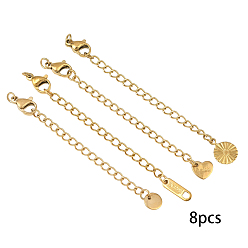 Золотой 8 шт. 4 стили 304 удлинитель цепи из нержавеющей стали, концевые цепочки с застежками-карабинами и петлями в виде сердечек, золотые, 66~73 мм, 2 шт / стиль