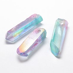 AB Color Plated Electroplate Natural Quartz Crystal Pendants, Faceted, Nuggets, AB Color Plated, 47~55x14~16x10~16mm, Hole: 3mm