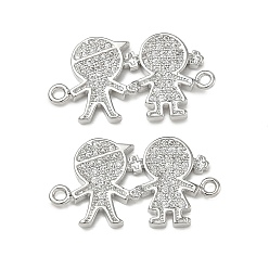 Platine Breloques connecteurs en laiton serties de micro-pavés de zircone cubique transparente pour la création de bijoux, liens garçon et fille, sans cadmium et sans plomb, platine, platine, 13x23.5x2mm, Trou: 1.4mm
