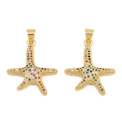 Real 18K Gold Plated Brass Micro Pave Colorful Cubic Zirconia Pendants, Starfish Charms, Long-Lasting Plated, Lead Free & Cadmium Free, Rack Plating, Real 18K Gold Plated, 23x21x3.5mm, Hole: 4x3.5mm