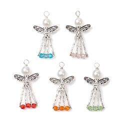 (52) Непрозрачная лаванда Подвески гальванизируйте стекла, ангел, с медной проволокой и бусинами из АБС-пластика, имитирующими жемчуг, и крылом из сплава, разноцветные, 39.5x21.5x8 мм, отверстие : 3.5 мм