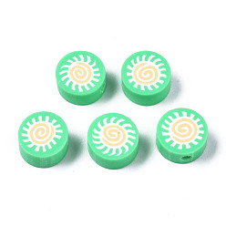 Mittleres Frühlingsgrün Manuell Polymer Ton Perlen, für DIY Schmuck Bastelbedarf, flach rund mit Sonne, mittleres Frühlingsgrün, 9.5x4.5~5 mm, Bohrung: 1.6 mm