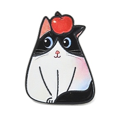 Black Tuxedo Cat with Red Apple Printed Alloy Lapel Pin Backs for Backpack Clothes, Black, 30.5x23mm