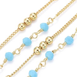 Светло-Голубой Латунные цепочки ручной работы, с гранеными линзами, латунные бусины и катушка, пайки, долговечный, реальный 18 k позолоченный, Небесно-голубой, 1.7x1.3x0.4 мм, шарики: 3.5x2.5~3 мм и 3 мм, около 32.8 футов (10 м) / рулон