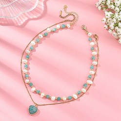 Golden Natural Amazonite Heart Pendant 304 Stainless Steel Satellite Chain Double Layer Necklaces, with Natural Cultured Freshwater Pearl Beads, Golden, 15.24 inch(38.7cm) and 15.83 inch(40.2cm), 2pcs/set