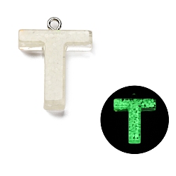 Letter T Светящиеся подвески смолы, светится в темноте, с платиновым покрытием петли, буквы, Письмо T, 24x18x5.5 мм, отверстие : 1.8 мм