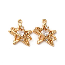 Настоящее золото 18K Латунные микропаве прозрачные подвески с фианитом, без кадмия, без никеля и без свинца, звезда с сердцем, реальный 18 k позолоченный, 19x15.5x5.5 мм, отверстие : 1.4 мм