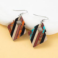 Квадрат Богемные серьги-подвески из дерева и смолы, платина, узоров, квадратный, 55.8x27.7 мм