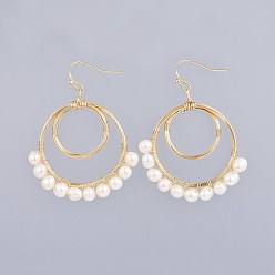 Real 18K Gold Plated Natural Freshwater Pearl Dangle Earrings, with Brass Earring Hooks and Copper Wire, Real 18K Gold Plated, 51~52mm, Pin: 0.6mm