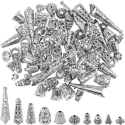 Античное Серебро 100шт. 10 стили тибетский стиль конус из сплава для бусин и колпачки для бусин, античное серебро, 7.5~34x1.5~13.5 мм, отверстие : 1.5~2.2 мм, 10 шт / стиль