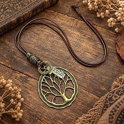 Tree of Life Геометрический кулон из сплава, регулируемый вощеный шнурок, комплекты ожерелий, античная бронза, древо жизни, 15.75 дюйм (40 см), Кулон : 55 мм