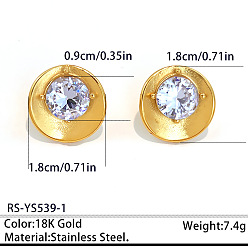 Flat Round 304 Stainless Steel Pave Clear Cubic Zirconia Stud Earrings for Women, Golden, Flat Round, 18mm