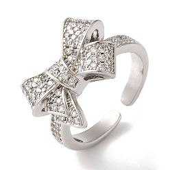 Платина Открытые манжеты из латуни с бантом и микро-паве с прозрачным цирконием для женщин, платина, бант : 13x18.5 мм, регулируемый