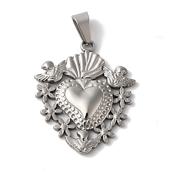 Нержавеющая Сталь Цвет Не тускнеющие 304 подвески из нержавеющей стали, сердце с цветочными подвесками, цвет нержавеющей стали, 29.5x25x3.5 мм, отверстие : 7.5x3.5 мм