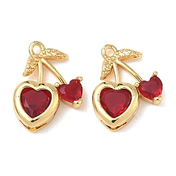 Настоящее золото 18K Подвески из латуни с микро-паве и красным кубическим цирконием, вишня, реальный 18 k позолоченный, 14x12x3.5 мм, отверстие : 1.2 мм