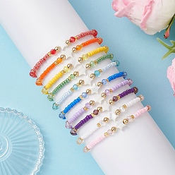 (52) Непрозрачная лаванда 10шт. браслеты из стеклянных бусин, стеклянных бусин и натуральных ракушек-трохидов для женщин, круглый и звездный, с латунным, градиент цвета, разноцветные, бусина : 3.5~10.5 mm, внутренний диаметр: 2.20~2.24 дюйм (5.6~5.7 см)