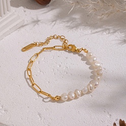 Настоящее золото 18K Браслеты из натурального пресноводного жемчуга и цепочек-скрепок из нержавеющей стали для женщин, белые, реальный 304 k позолоченный, 18 дюйм (6-3/4 см)