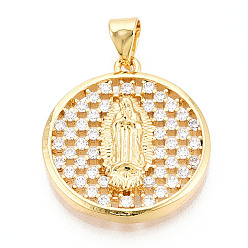 Настоящее золото 18K Латунные микро проложить кубического циркония подвески, без кадмия и без свинца, плоская круглая и девы марии, реальный 18 k позолоченный, 22x20x3.5 мм, отверстие : 5x3.5 мм
