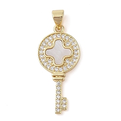Настоящее золото 18K Латунные микропаве прозрачные подвески с фианитом, с оболочкой, без кадмия и без свинца, ключ, реальный 18 k позолоченный, 28.5x13.5x2.5 мм, отверстие : 4x3.5 мм