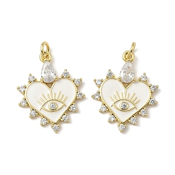 Белый Латунные микро проложить кубического циркония подвески, сердце с сглаза, эмаль стиль настоящее 18k позолота, с целью перехода в кольце, белые, 23x18x3 мм, отверстие : 3.5 мм