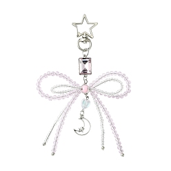 Бледно-Розовый Подвеска из сплава стеклянной крошки, подвеска-бантик из прозрачного акрила и стеклянных бусин, с поворотными карабинами из цинкового сплава, розовый жемчуг, 13.5 см