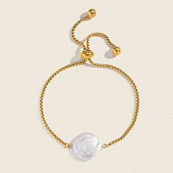 Настоящее золото 18K Элегантные регулируемые браслеты из нержавеющей стали с коробчатой цепочкой, барочные браслеты из жемчужных бусин для женщин, плоско-круглые, реальный 304 k позолоченный, 18 дюйм (9.84 см)