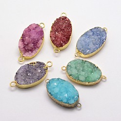 (52) Непрозрачная лаванда Гальванические соединители с натуральными друзьями кварцевого кристалла, окрашенные, с латунной фурнитурой золотого цвета, овальные, разноцветные, 35~38x17~20x8~11 мм, отверстие : 2~3 мм