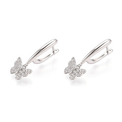 Платинированный Серьги-кольца-бабочки из латуни с микропаве и прозрачным фианитом, Реальная платина, 27.5x11.5x3 мм